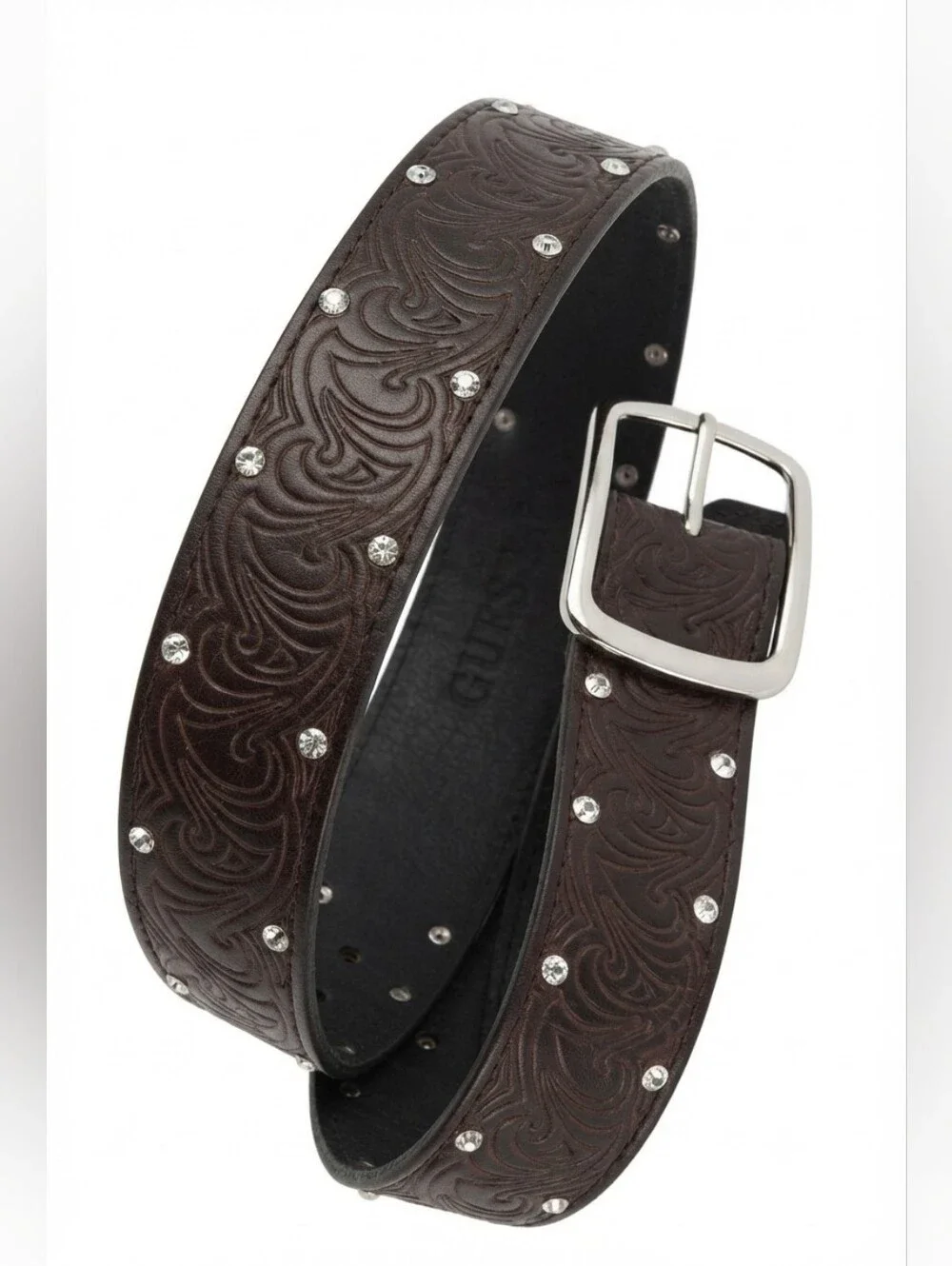 GUESS Women’s Western Rhinestone Studded Tooled Leather Belt Brown Size M 915151